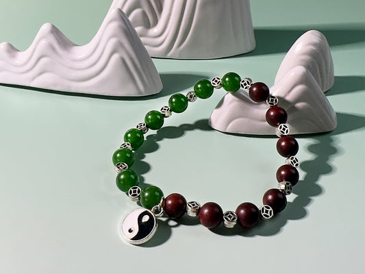 Taoist Harmonious Women's Energy Bracelet: Jade & Wood Elegance